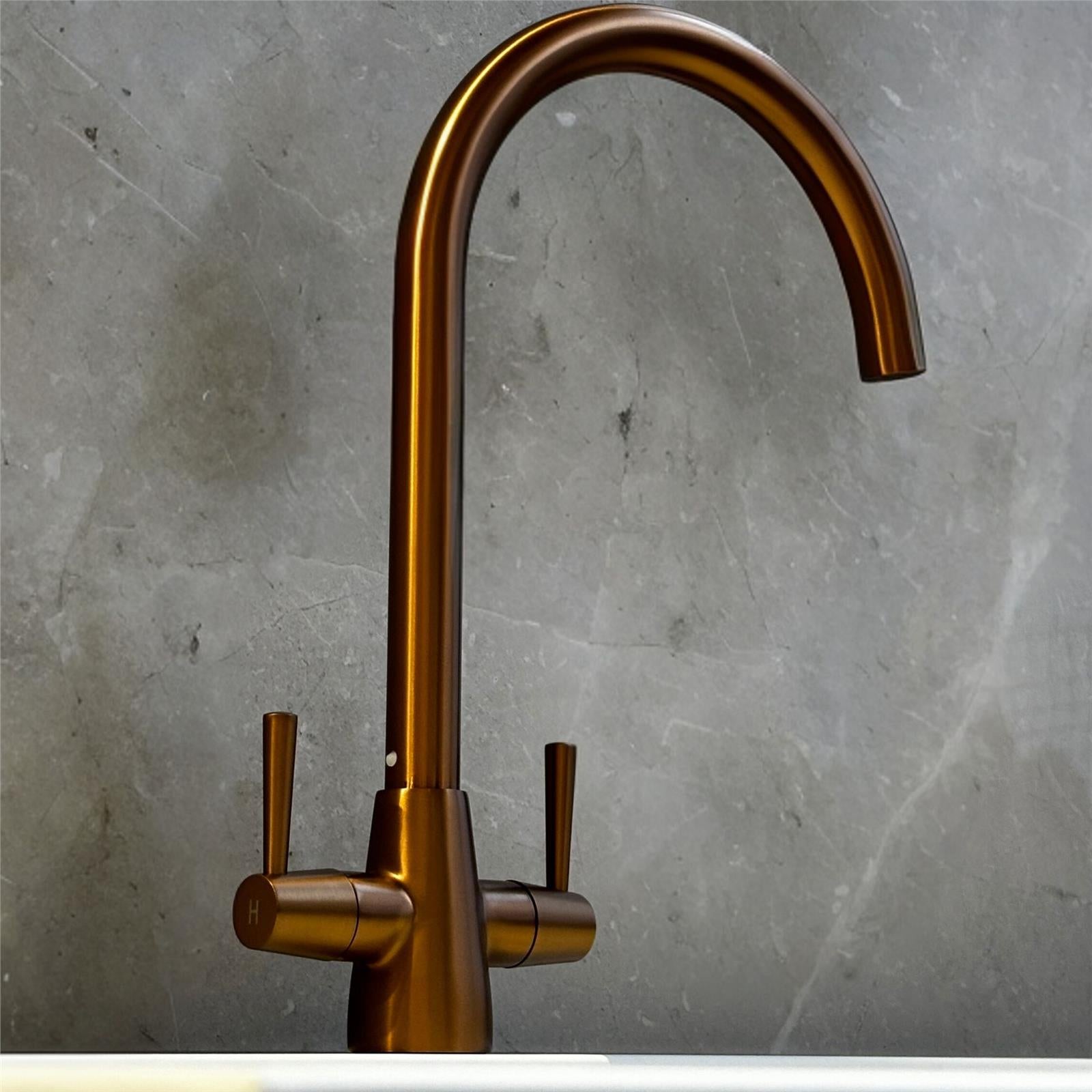Liquida LU406CP Swivel Spout Swan Neck Twin Lever Copper Kitchen Mixer Tap